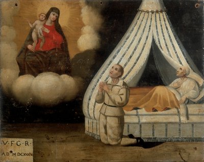 Ein Mann im Bett während einer Krankheit; links derselbe Mann, der zur Madonna des Bogens für die erhaltene Gnade betet, Ex-voto, 1603 von Italian School